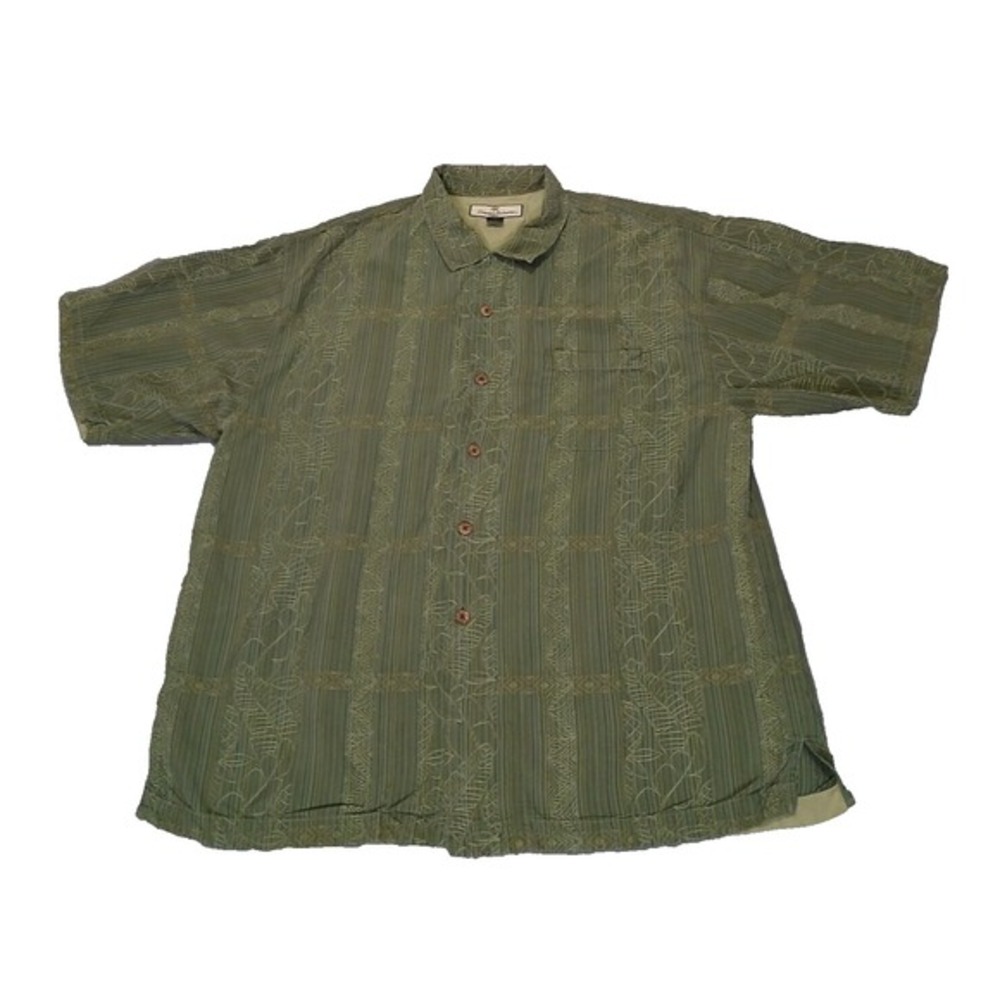 Tommy Bahama Shirt Men XL Olive Green Floral 100% Silk Short Sleeve Button-Up